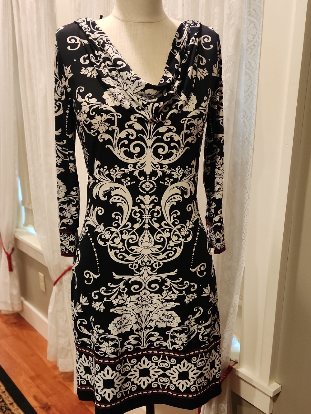 White House Black Market Black and White Long-Sleeve Cowl Neck Dress